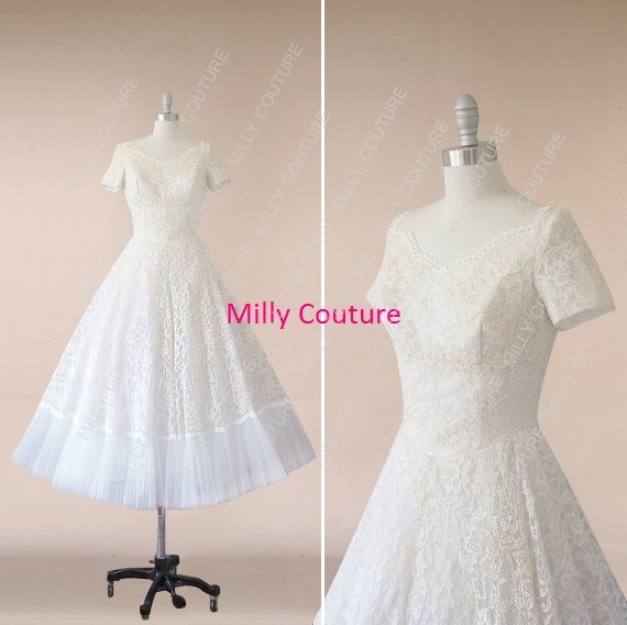Hochzeit - Lace wedding dress vintage short sleeves,1950's Rockabilly Wedding Dress, short lace wedding dress, tulle wedding dress 1950s,