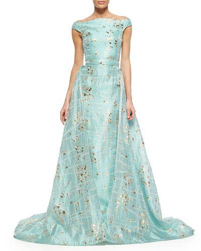 Mariage - Gold-Flecked Brushstroke-Print Overskirt Trumpet Gown