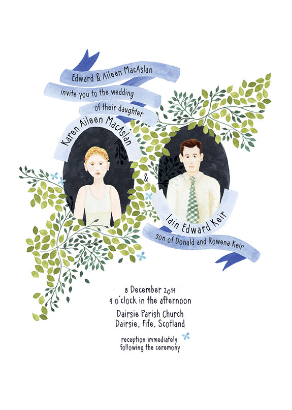 Hochzeit - Illustrated Custom Wedding Celebration Invitation Invite with Watercolor Custom Portrait Painting: Leafy Scottish Spring