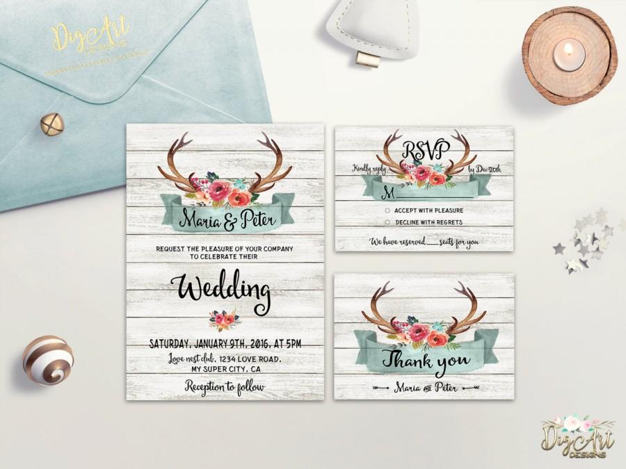 زفاف - Rustic Wedding Invitation Printable Antlers Wedding Invitation Suite Floral Deer Wedding Invite Boho Woodland Wedding Invite Digital File