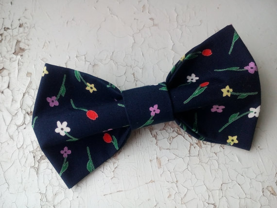 Wedding - navy blue bow tie floral bowtie small red yellow flowers design wedding necktie bridal gift groom blue tie father-in-law ties pour beau-père