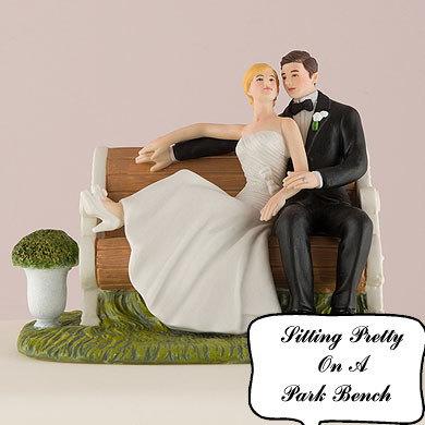 Свадьба - Sitting Pretty Bride On A Park Bench and Groom Wedding Cake Toppers Outdoor Couple Lovers Romantic Porcelain Hand Painted Figurines