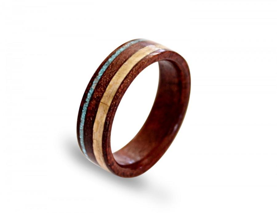 Свадьба - Wood men ring red hearth inlaid with wrapped beech and turquoise