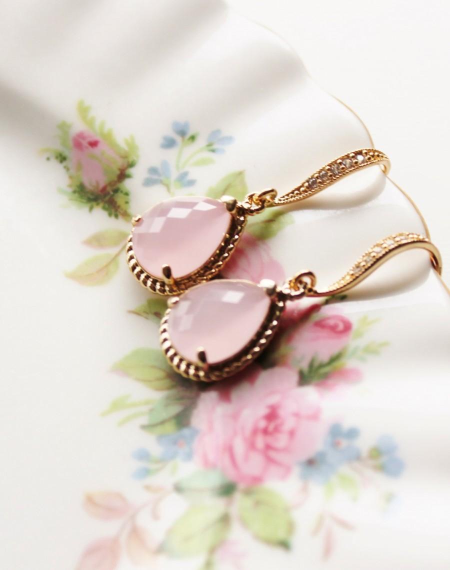 Mariage - Blush Pink Earrings Pink Opal Gold Bridesmaid Gift Earrings Dangle Drop Earrings Summer Wedding Jewelry Bridal Party Gift