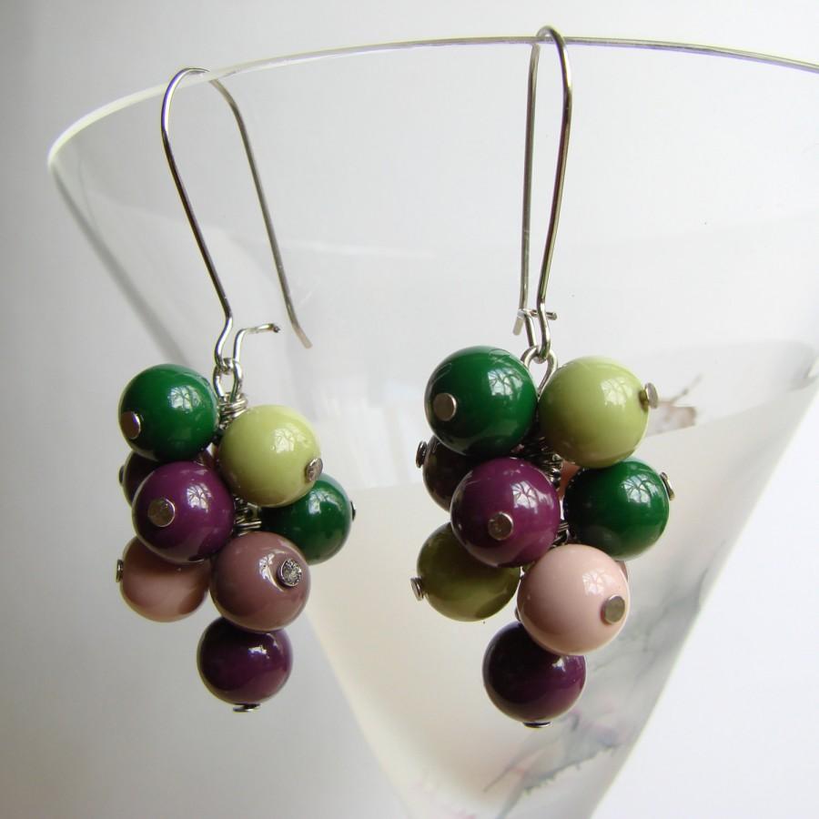 Wedding - Colorful Dangle Earrings, Silver Tone Earrings with Glass Beads, Pastel Colors Earrings, Beaded Earrings, Purple and Green