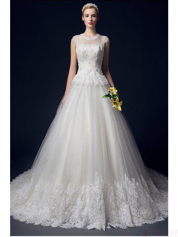 Mariage - Chapel Train Floor-length O-Neck Wedding Dresses Real Made On Sale (WD0025)