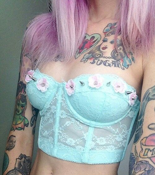 Свадьба - Pastel Mint Lace Crop Bustier Embellished With Small Pale Pink And White Flowers And Silver Spikes
