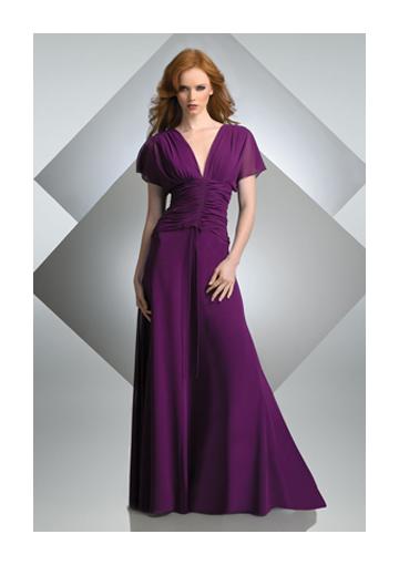 Wedding - V-neck Floor Length Zipper Purple V-back Chiffon Short Sleeves Ruched