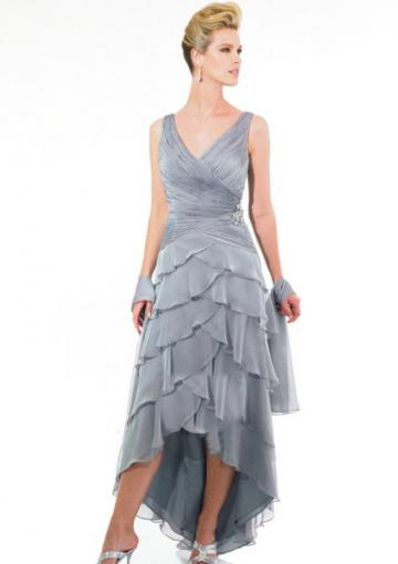 Wedding - V-neck V-back High Low Tiers Zipper Grey Chiffon Sleeveless Ruched