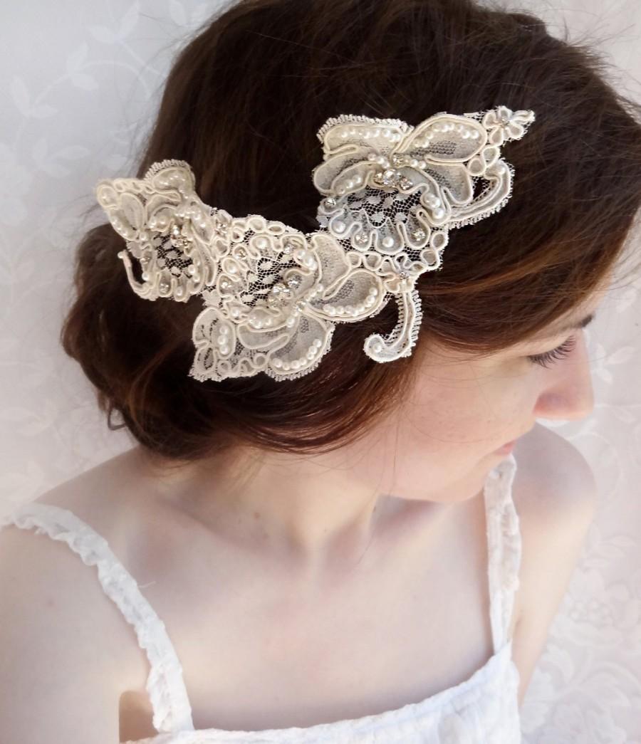 Wedding - lace headpiece, rhinestone lace hairpiece, Alencon lace, wedding hairpiece, bridal headpiece - ISABELLA - luxury lace wedding hair comb
