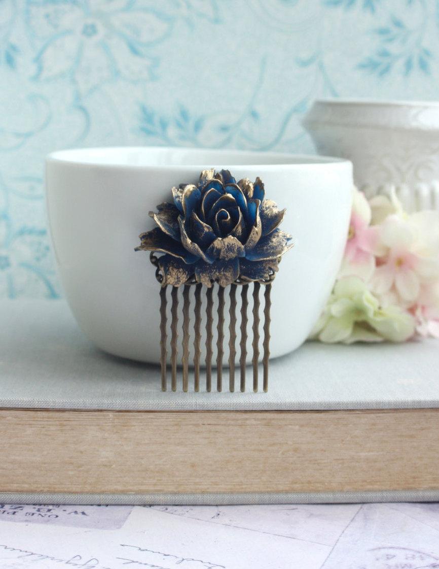Mariage - Blue Wedding Comb Navy Blue Gold Flower Comb Antiqued Rustic Blue Fall Vintage Blue Gold Wedding Something Blue Wedding Vintage Gold Wedding