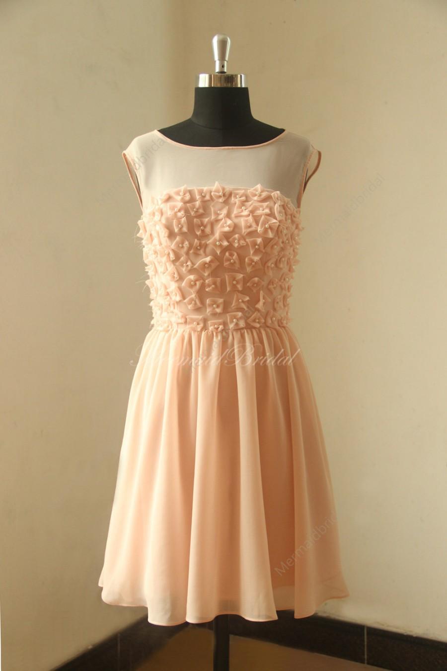 Hochzeit - Blush pink chiffon bridesmaid dress with pearls
