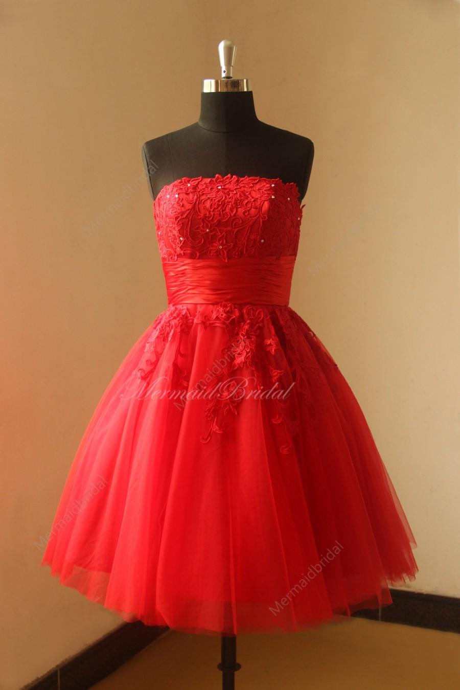 زفاف - Red tea lenghth ball gown vintage lace wedding dress with corset back