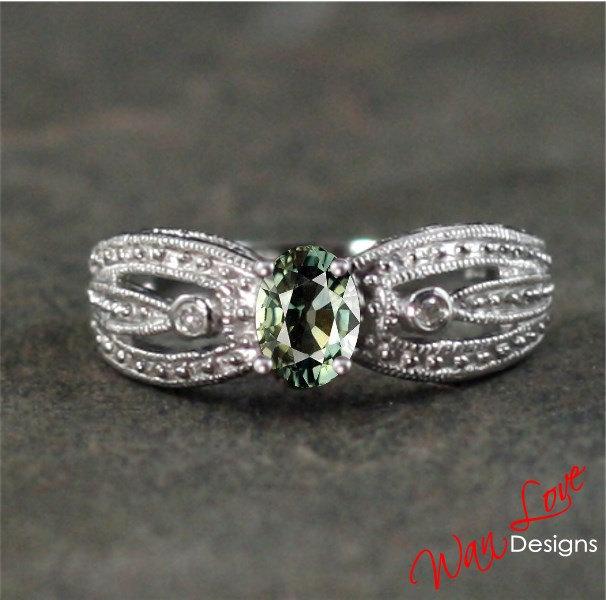 زفاف - Natural Green Sapphire & Diamond Oval Filigree Milgrain Engagement Ring 14k 18k White Yellow Rose Gold-Platinum-Custom-Wedding-Anniversary