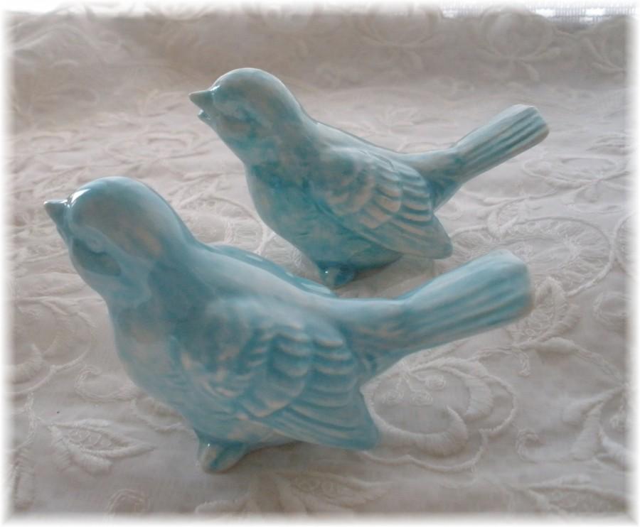 Wedding - Wedding Cake Topper Vintage Birds Ceramic in Aqua