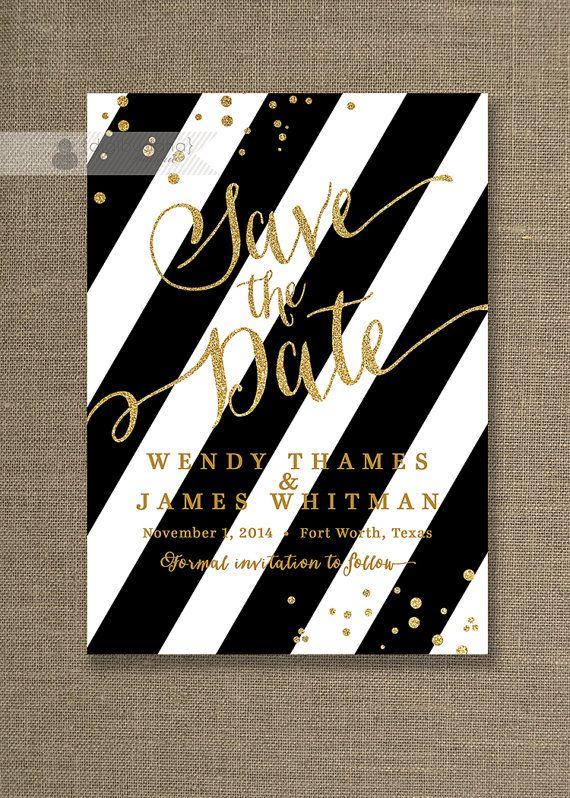Wedding - Gold Glitter Save The Date Invitation Black & White Stripe Gatsby Confetti Save The Date FREE PRIORITY SHIPPING Or DiY Printable - Wendy