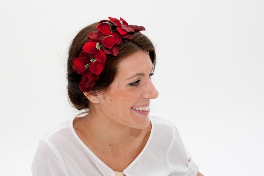 Mariage - Dunnotar - Dark red Headband with Velvet Leaves and Strawberries