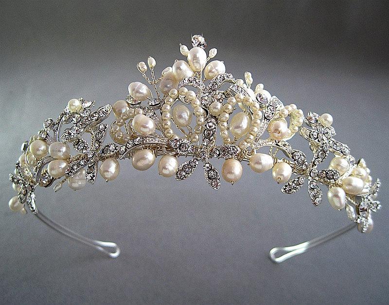 زفاف - Sale!! Fresh water pearl  tiara, rhinestone headband, wedding headband, bridal headpiece, Victorian style headband,  Silver, Weding crown