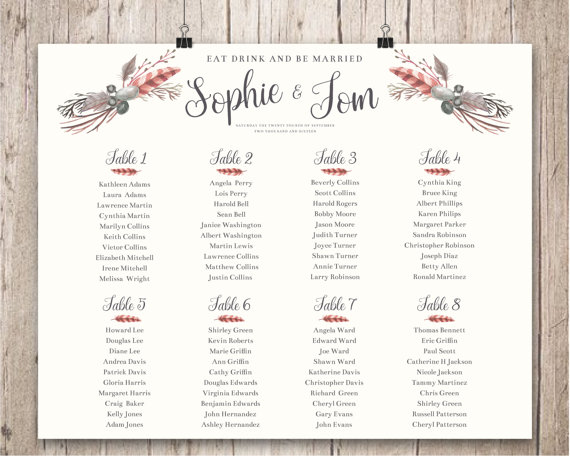 Wedding - wedding seating plan, wedding seating chart, rustic boho wedding decor, feather floral wreath wedding guest seating arrangements, table name