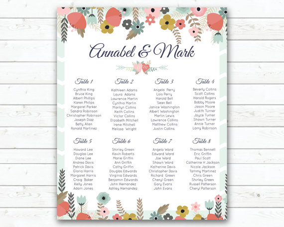 Свадьба - printable wedding seating plan, mint green peach flowers wedding seating sign, vertical wedding seating plan, let guests know where to sit