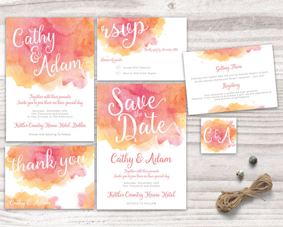 Hochzeit - Printable Wedding Invitation set, Peach and Pink wedding invitation, watercolour Invitation Set, Watercolour Wedding Invite, wedding kit
