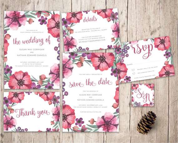 Mariage - printable wedding invitation set, peonies wedding invitation, wedding invitation printable, customise wedding suite, purple pink watercolor