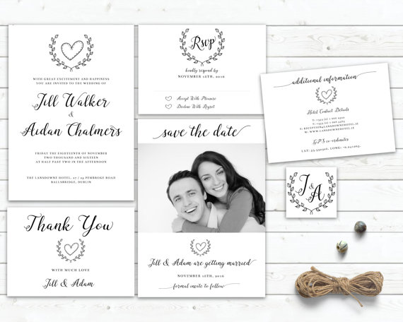 Wedding - classic wedding invitation, wedding invite printable, elegant wedding set, black and white, calligraphy modern stylish monogram photograph