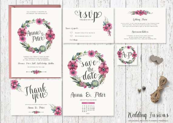 Свадьба - Printable Wedding Invitation, Wedding Invitation Printable, Wedding Invitation Set, Printable Wedding Invite, Floral Wedding Invitation