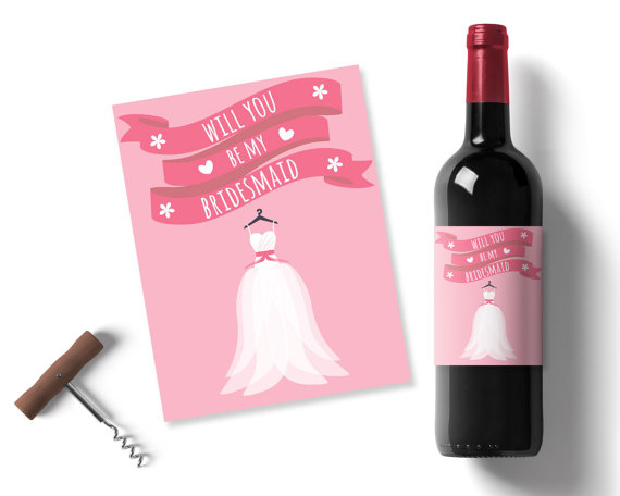 Wedding - pink will you be my bridesmaid idea, printable wine label, pink wine labels, wedding wine label, pink bridesmaid wine stickers cute stylish
