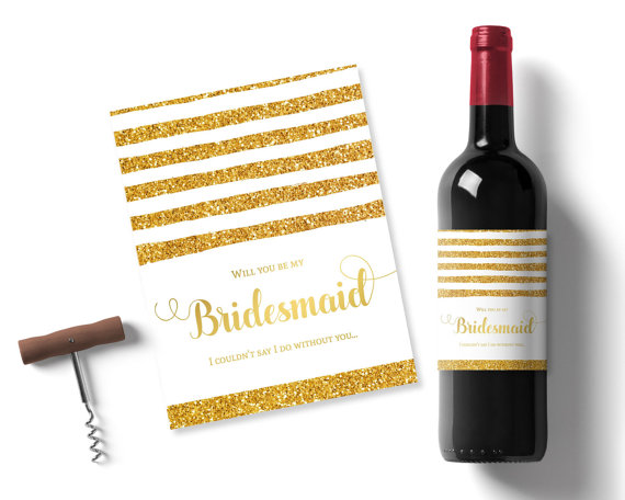 Wedding - will you be my bridesmaid gift, gold glitter, wine label, bridesmaid invite, gold wine label, maid of honor gift ideas golden