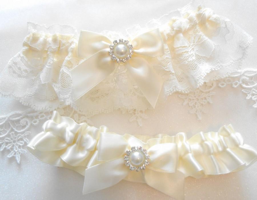 Свадьба - Wedding Garter Set Ivory Lace and Satin Blue Sapphire and Rhinestone Cluster CUSTOM COLOR Garter Set