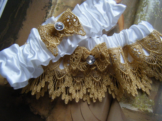 Hochzeit - White Satin with Gold Venice Lace Garter Set