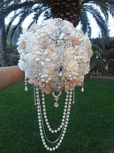 Wedding - CASCADING BROOCH BOUQUET- Deposit Only For Glamorous Custom Draping Pearl Jeweled Wedding Bouquet, Brooch Bouquet