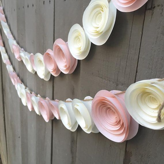 Свадьба - Paper Flower Garland Pink & Cream Wedding, Baby Shower Decoration Bunting Nursery Strawberries And Cream
