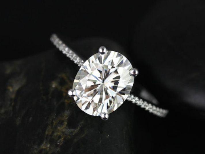 Wedding - Blake 10x8mm 14kt White Gold Oval FB Moissanite And Diamonds Cathedral Engagement Ring (Other Metals And Stone Options Available)