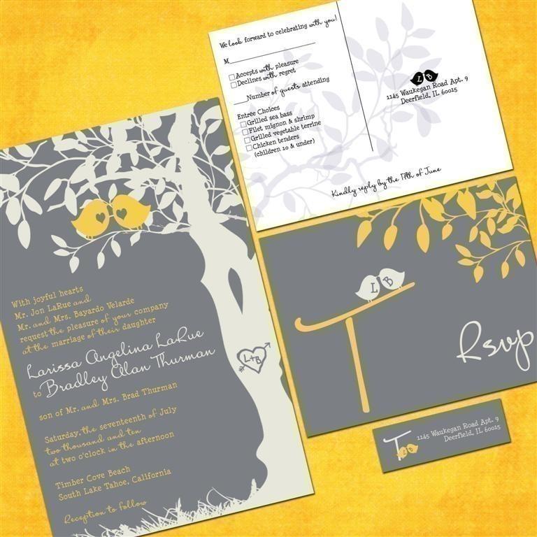 Свадьба - Custom Love Birdies Wedding Invitation Suite with RSVP postcards, Gray and Yellow Wedding Invitations