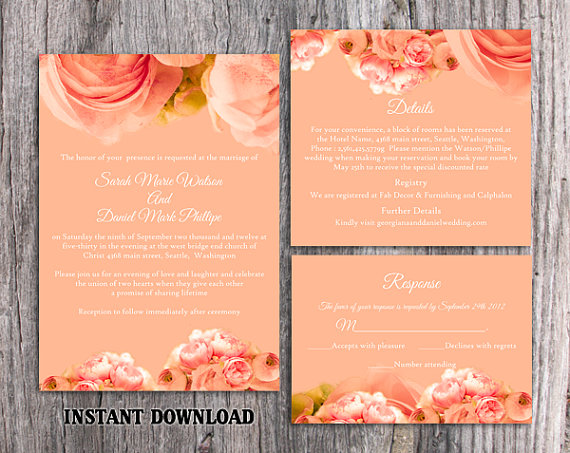 زفاف - DIY Wedding Invitation Template Set Editable Word File Download Printable Peach Invitation Boho Wedding Invitation Peonies Invitation