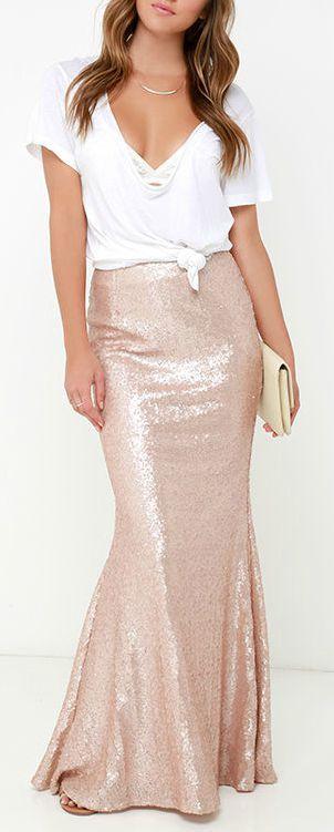 Wedding - Kickin' Up Stardust Blush Sequin Maxi Skirt