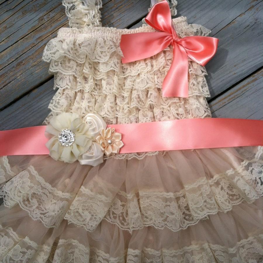 Hochzeit - Rustic Flower Girl Dress/Rustic Flower Girl Outfit/Wheat Cream Flowergirl/Country Wedding-Coral Flower Girl-Choose Ribbon Color
