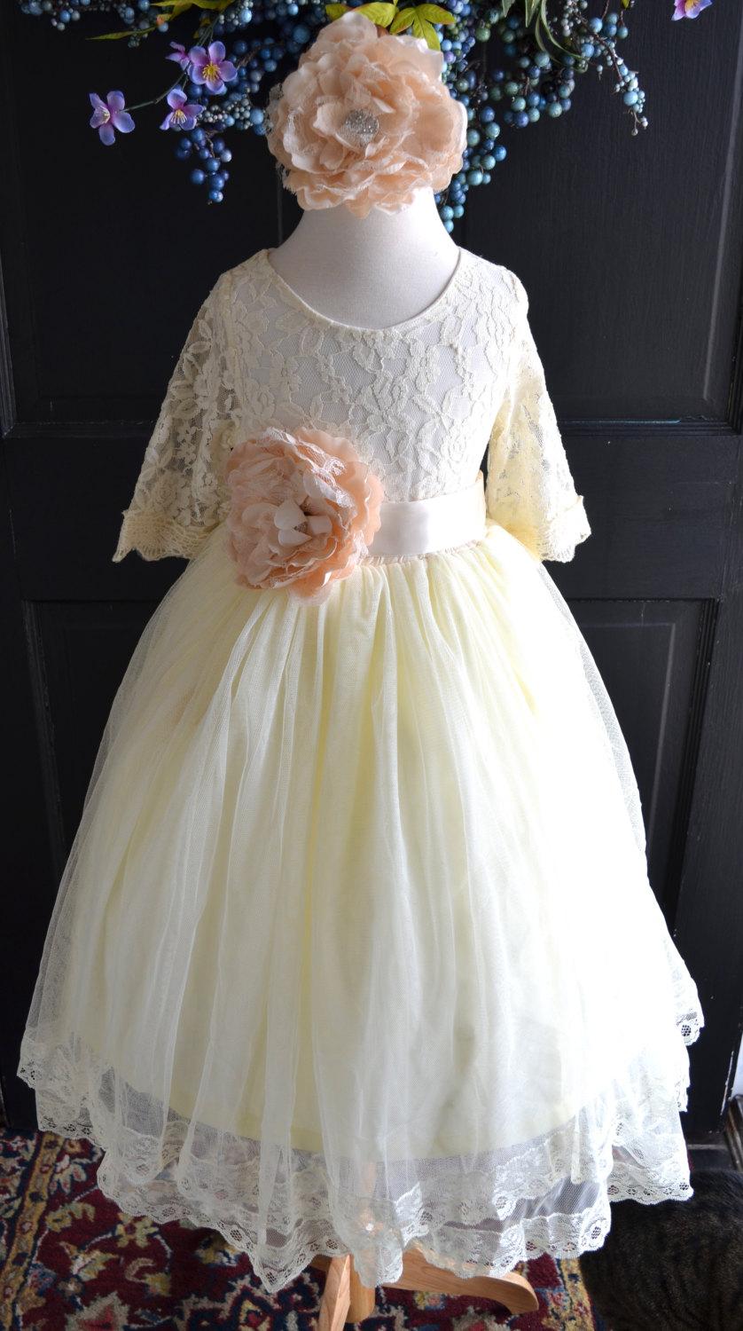 Wedding - Ivory Flower girl Tutu dress, Girls Long Tulle Skirt lace blouse, Ivory lace Skirt blouse set , Girls Tutu, Flower girl dress