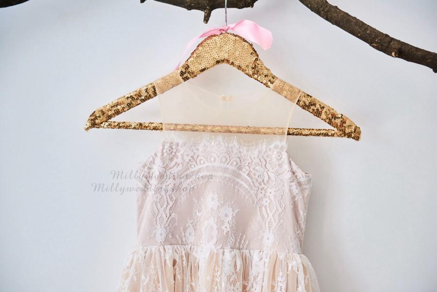 Mariage - Champagne Lining Ivory Lace Flower Girl Dress Wedding Junior Bridesmaid Dress M0024