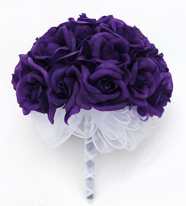 Hochzeit - Purple Silk Rose Hand Tie (24 Roses) - Silk Bridal Wedding Bouquet
