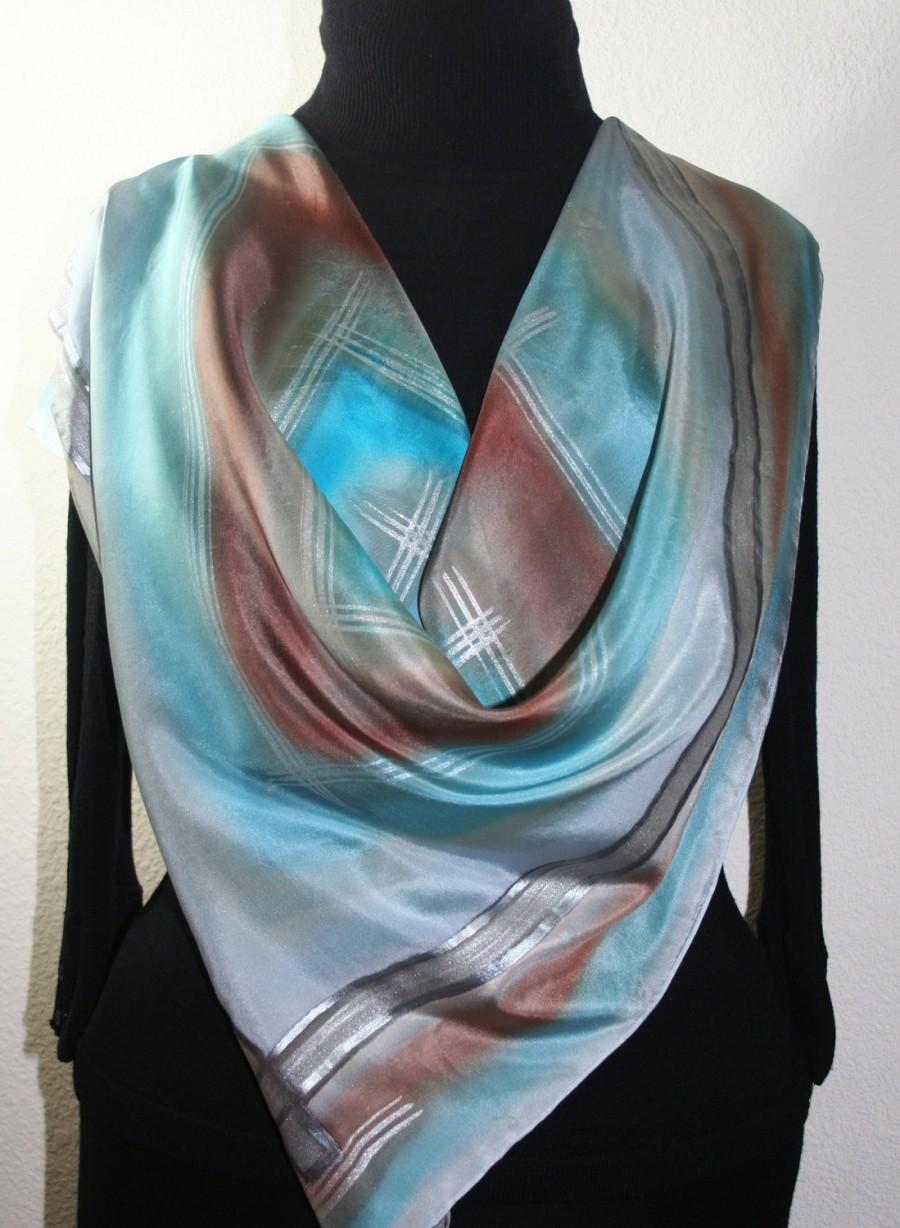 Mariage - Silver Grey, Steel Blue, Brown Handmade Scarf FOGGY BEACH, by Silk Scarves Colorado. X-Large 35x35 Square Hand Painted Silk Scarf