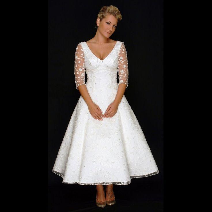 زفاف - Tea Length Wedding Dresses With Sleeves, Tea Length Bridal Gowns Lace, Lace Gown