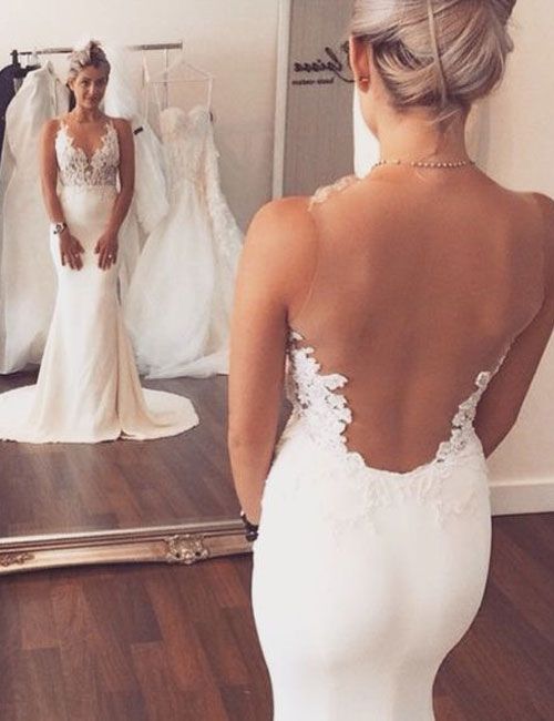 Mariage - Fashion V-neck Lace Appliques Sheer Back Mermaid Wedding Dress