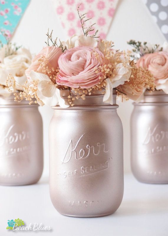 Свадьба - Rose Gold Wedding Decor Blush Wedding Centerpiece Painted Mason Jars Table Reception Decor