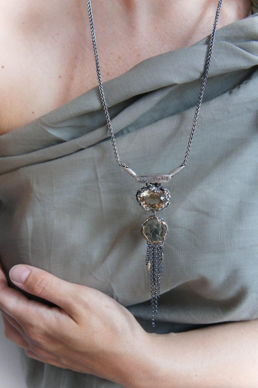 Hochzeit - Long antique coin necklace, sterling silver and gold necklace, modern art necklace, long chain necklace, quartz pendant, ancient coin