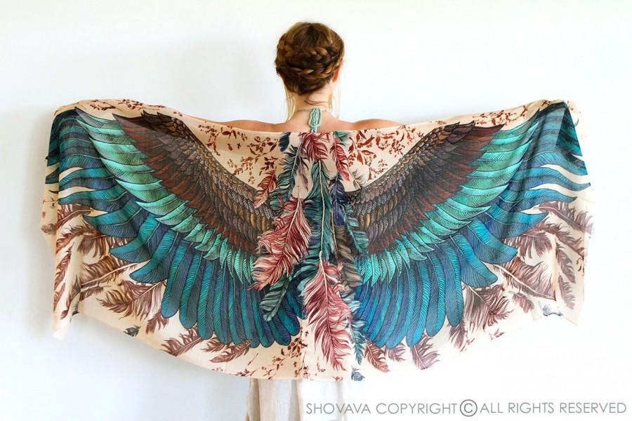 Hochzeit - Printed Scarf, Gift For Her, Wings Scarf, Womens Scarf, Mom Gift, Statement Festival Scarf, Bohemian Feathers Shawl, Hand Painted Sarong