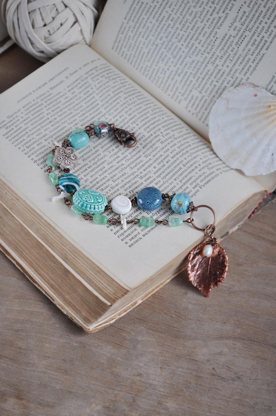 Hochzeit - Blue turquoise beaded bracelet, electroformed leaf, boho chic jewelry, sea design,  ooak ocean jewellery, homemade gift for her wife sister