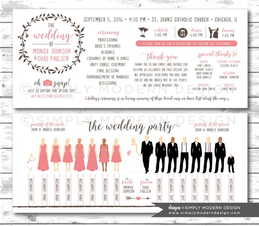 Mariage - silhouette wedding program, rustic, floral wreath, wedding program, wedding party silhouettes, ceremony, PRINTABLE or PRINTED PROGRAMS